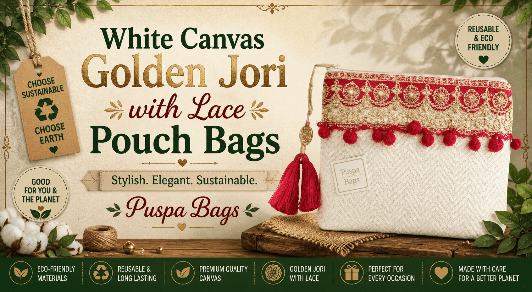 White Canvas Golden Jori with Lace Pouch Bags – Premium Wedding & Luxury Packaging for Global Buyers