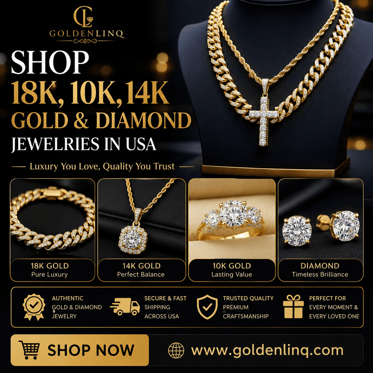 Shop 18k, 10k, 14k Gold & Diamond Jewelries in USA