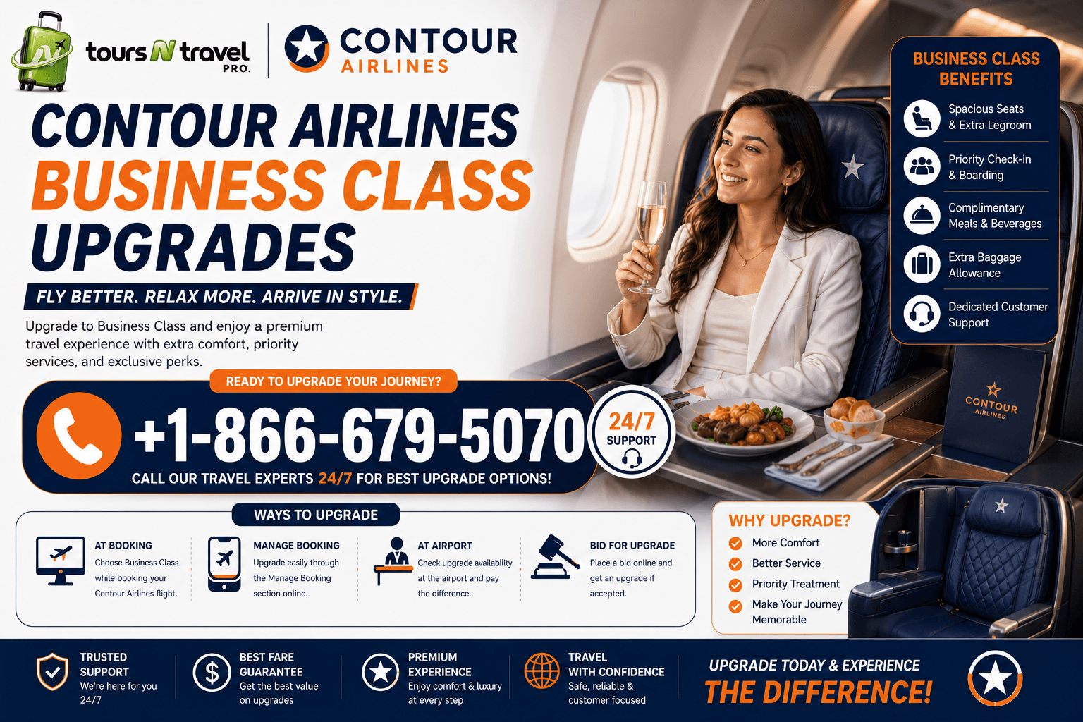 Contour Airlines Business Class Upgrades: +1-866-679-5070