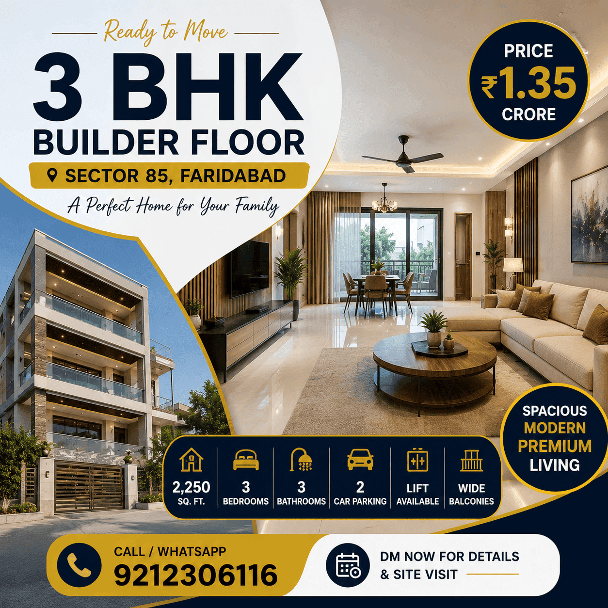 3 BHK Ready-to-Move Builder Floor Sector 85 Faridabad – ₹1.35 Cr