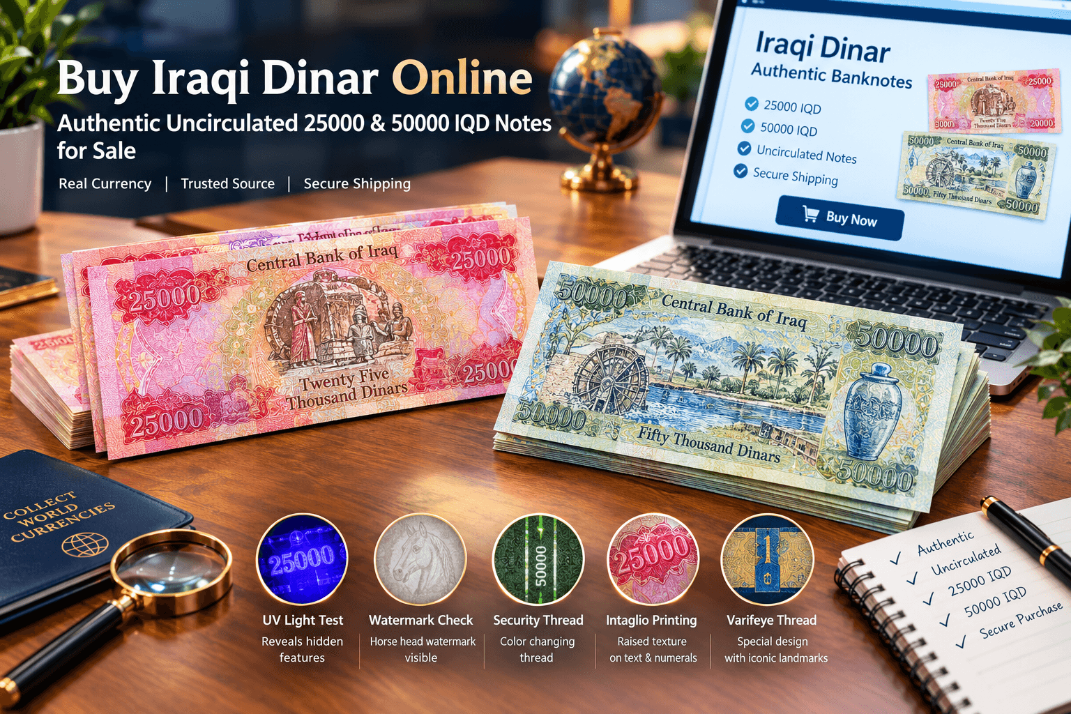 Buy Iraqi Dinar Online | Authentic Uncirculated 25000 & 50000 IQD Notes for Sale