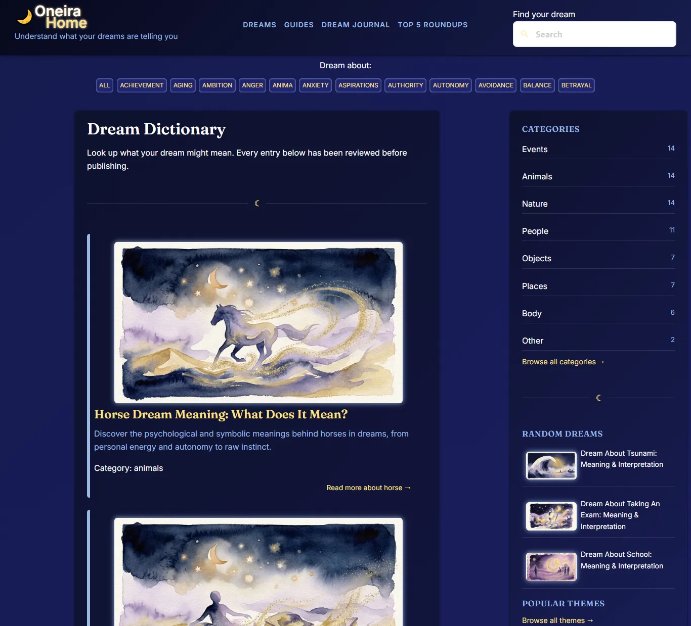 Oneira Home - Dream Dictionary & Meanings
