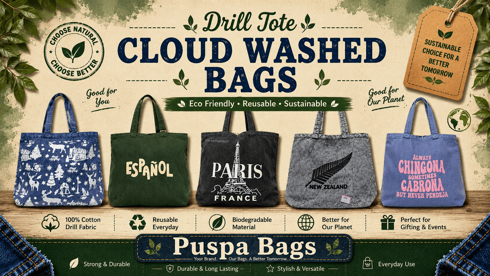Drill Tote Cloud Washed Bags – Soft-Finish, Durable Tote Bags for Global Buyers
