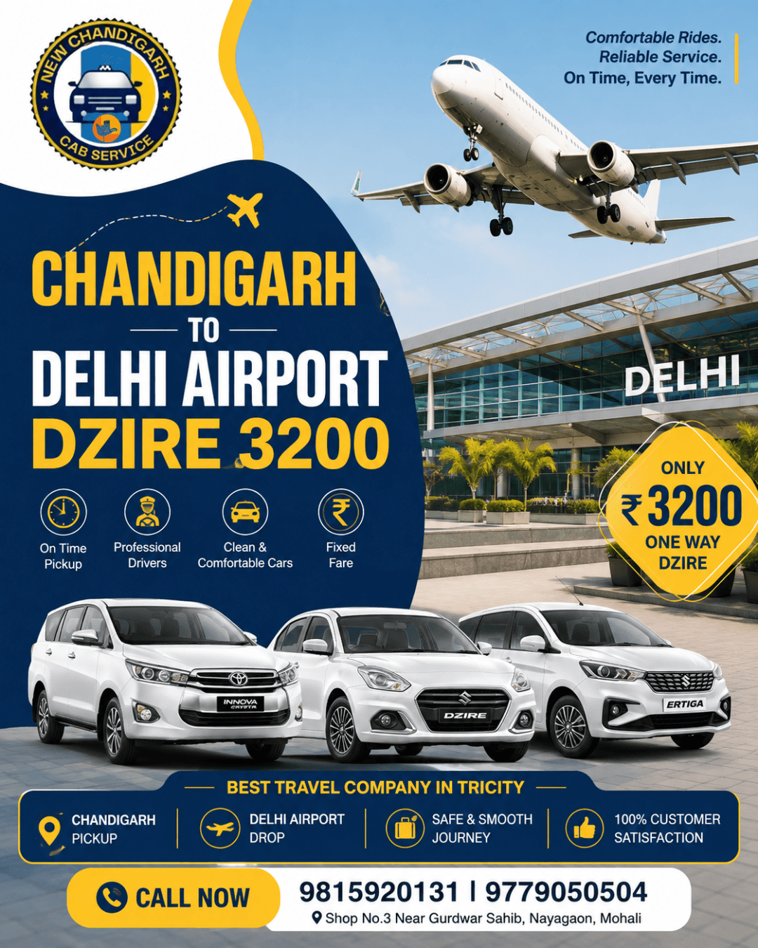 Affordable Chandigarh to Delhi Airport Taxi Service