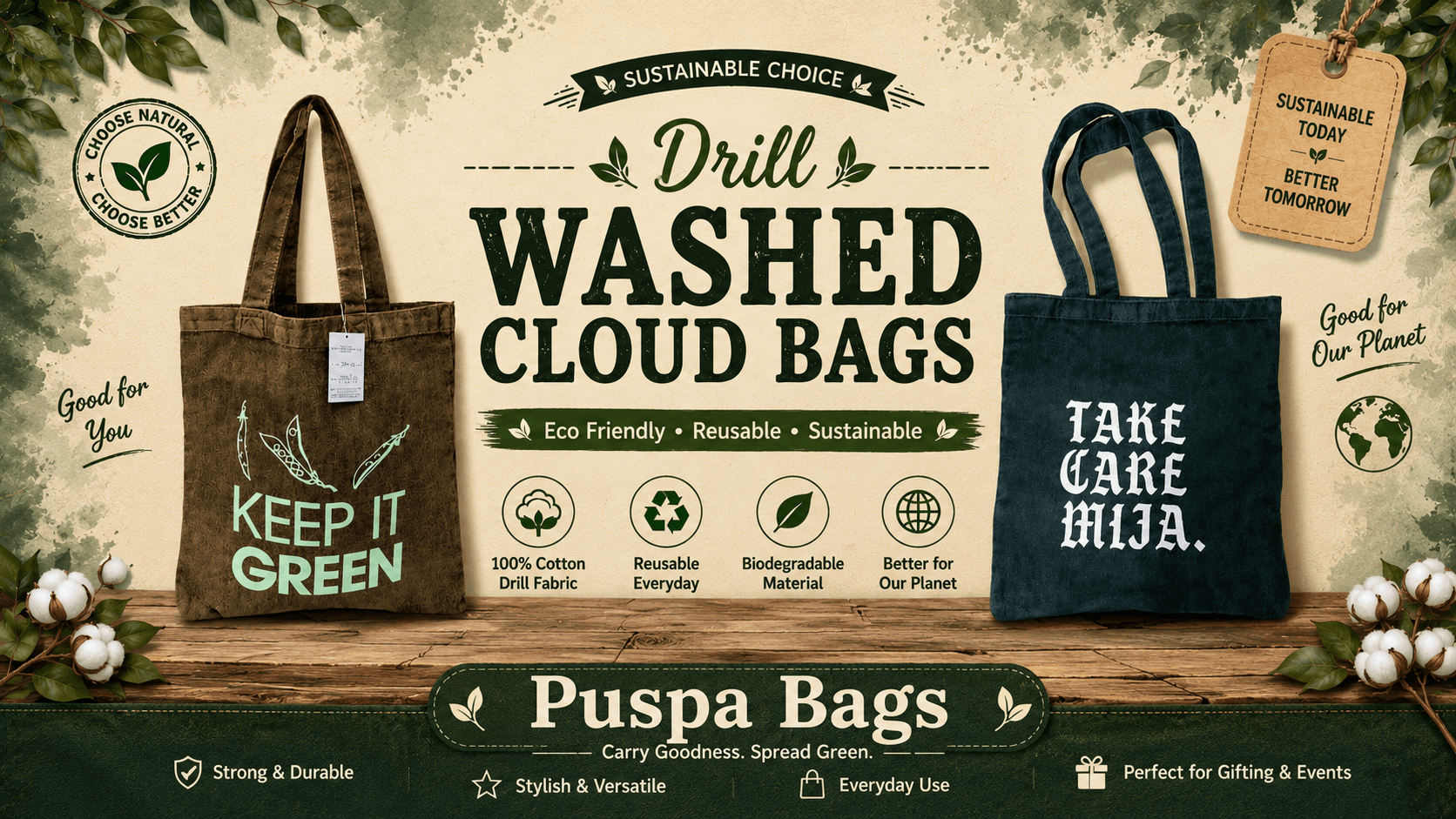 Drill Washed Cloud Bags – Soft-Washed Cotton Drill Bags for Global Buyers