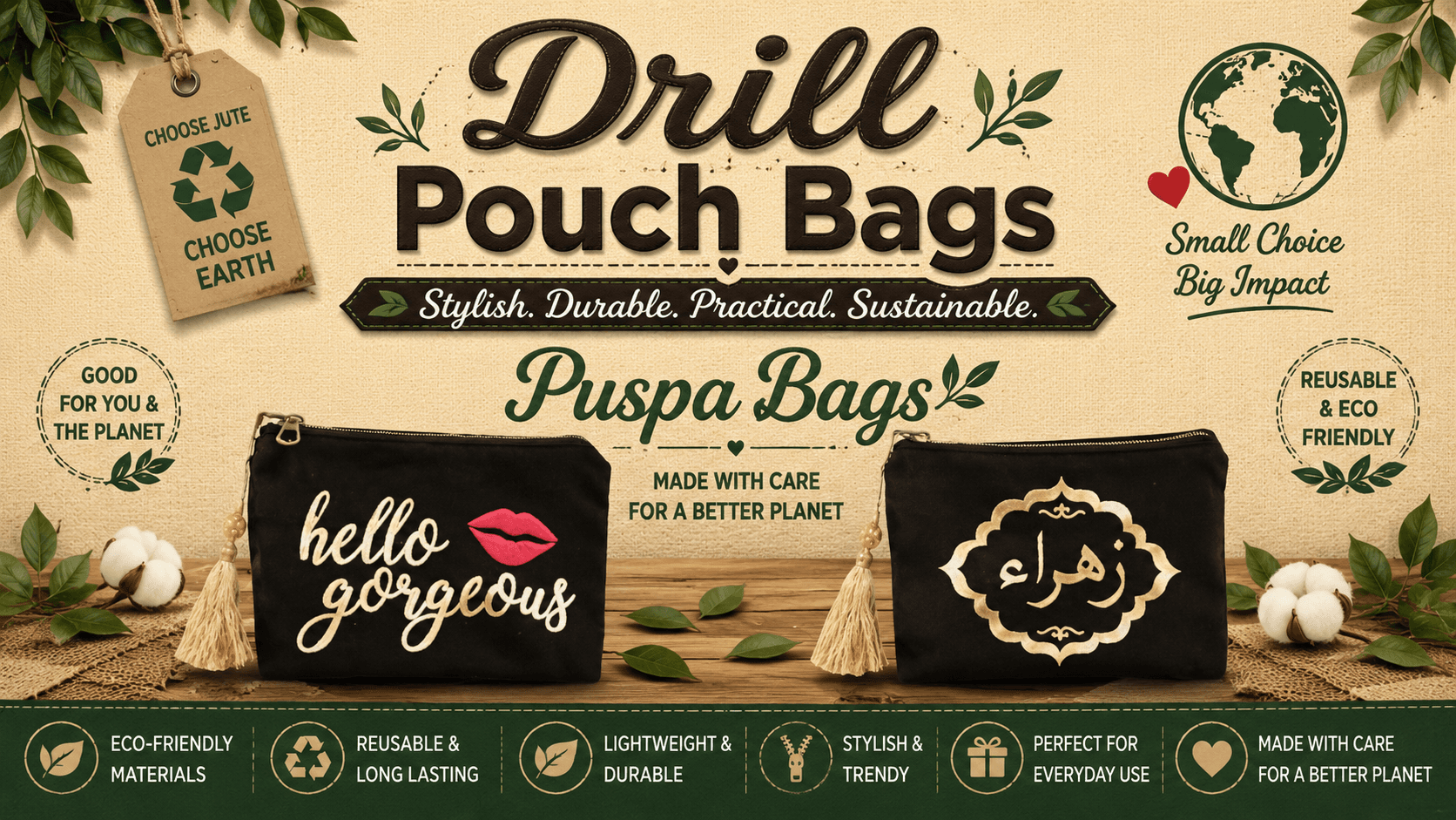 Drill Pouch Bags – Durable Cotton Drill Fabric Pouches for Global Buyers