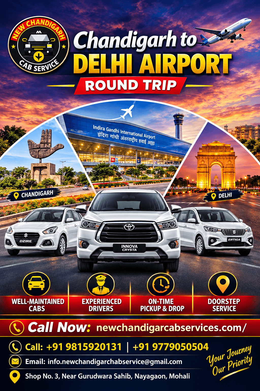 Chandigarh to Delhi Airport Round Trip Taxi – Comfortable & Reliable Airport Travel