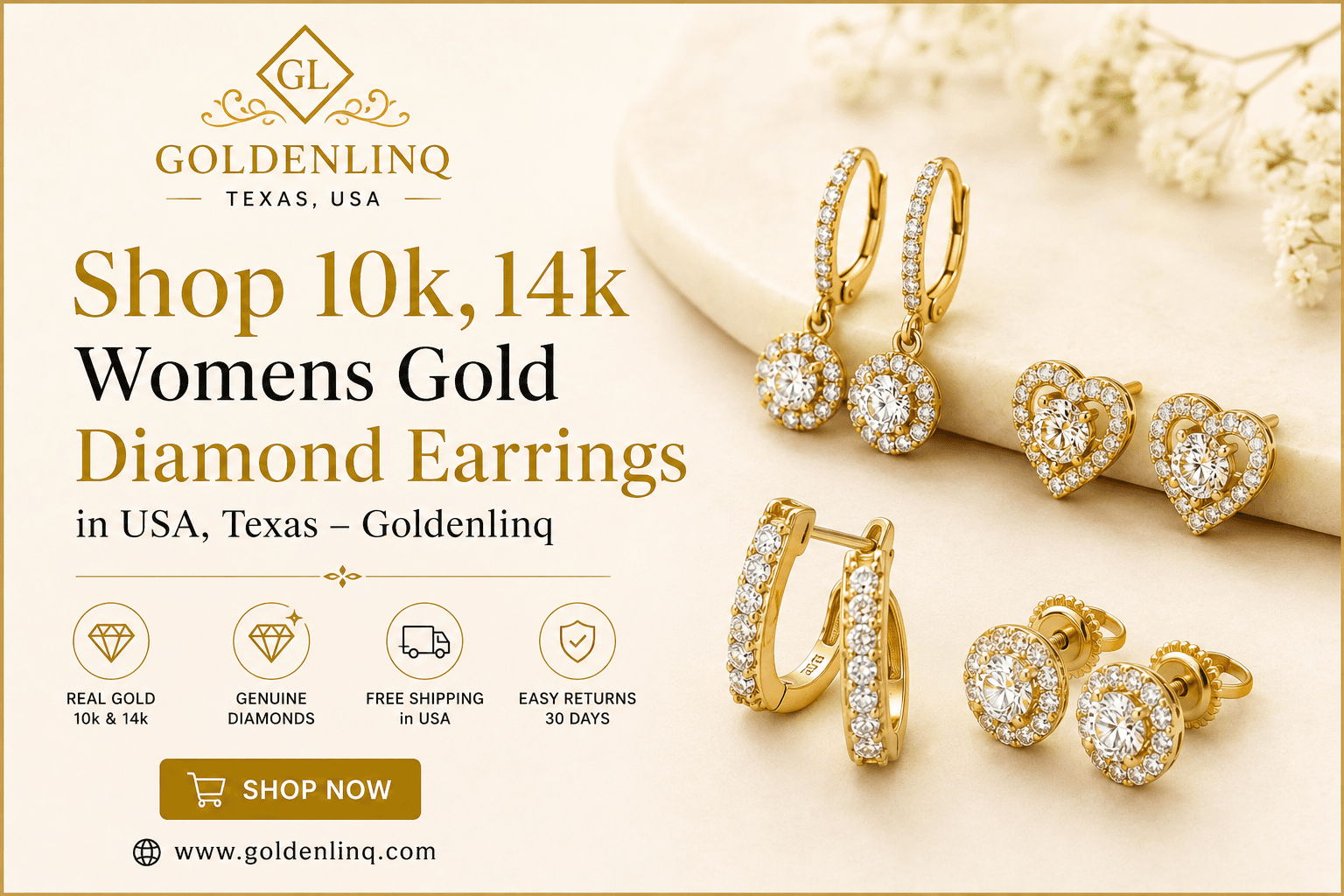 Shop 10K & 14K Women's Gold Diamond Earrings in USA, Texas – Goldenlinq