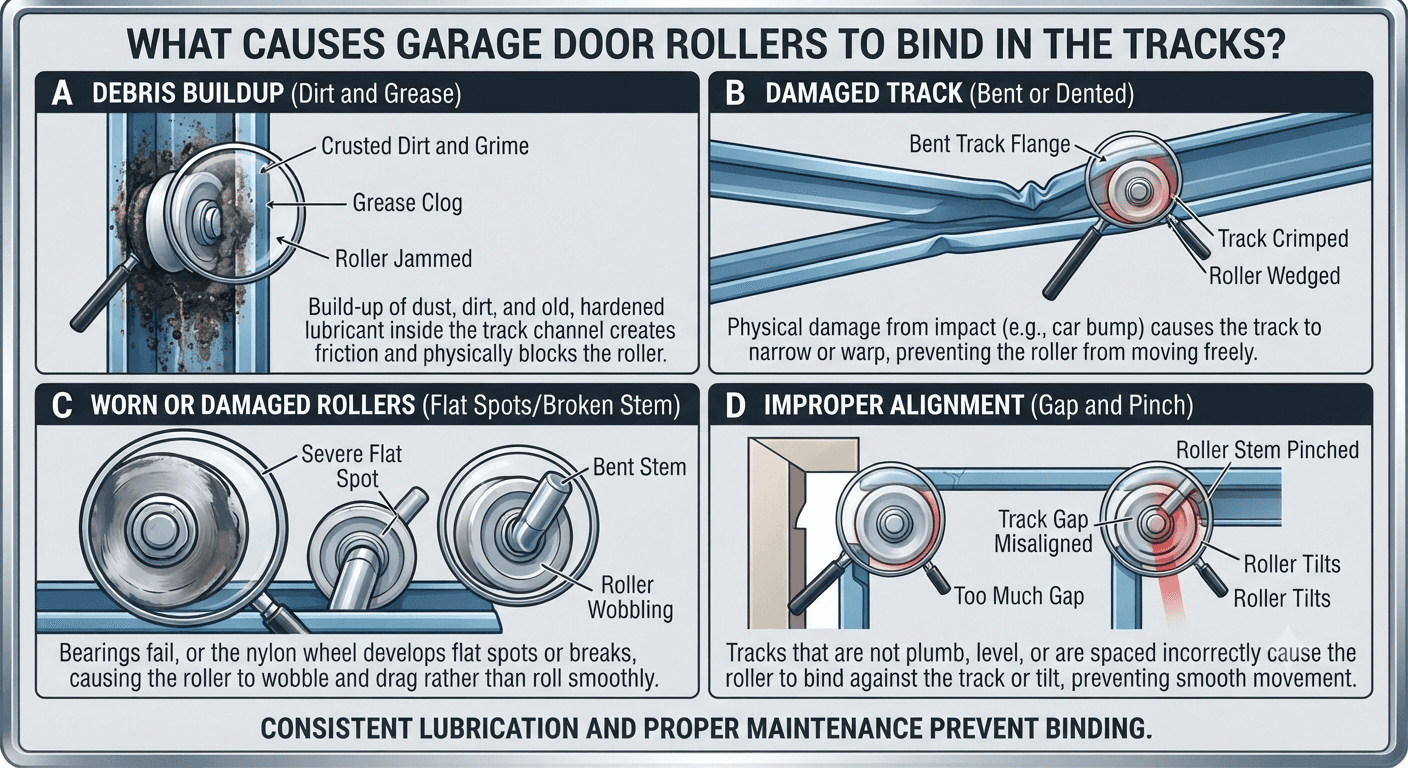 What Causes Garage Door Rollers to Bind in the Tracks?