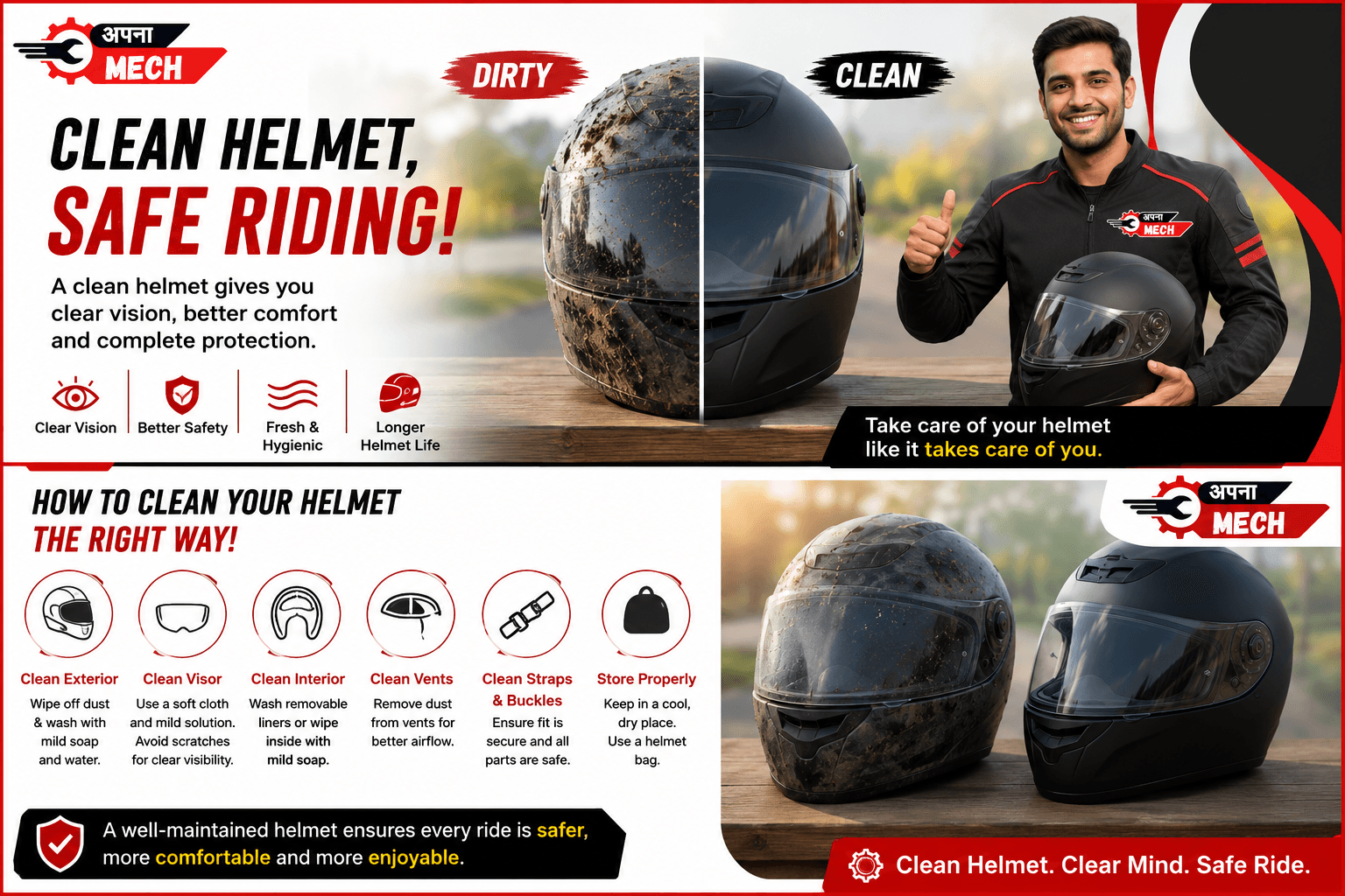 Apna MECH - How to Clean and Maintain Your Bike Helmet