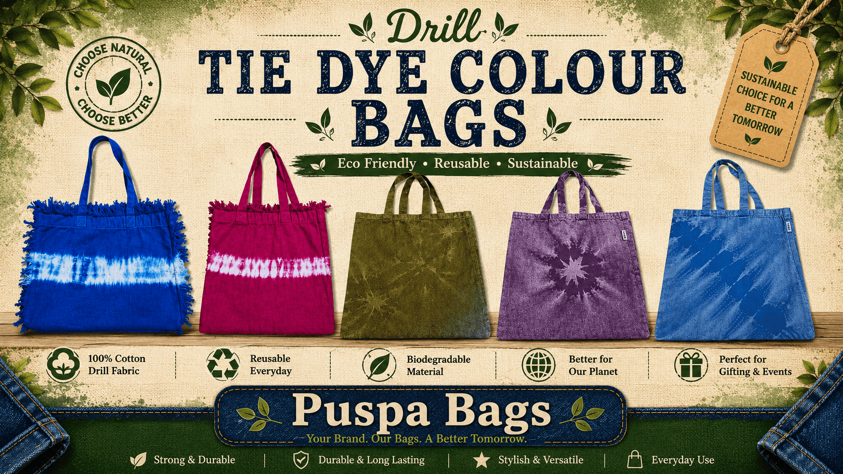 Drill Tie Dye Colour Bags – Trendy Washed Cotton Drill Bags for Global Buyers