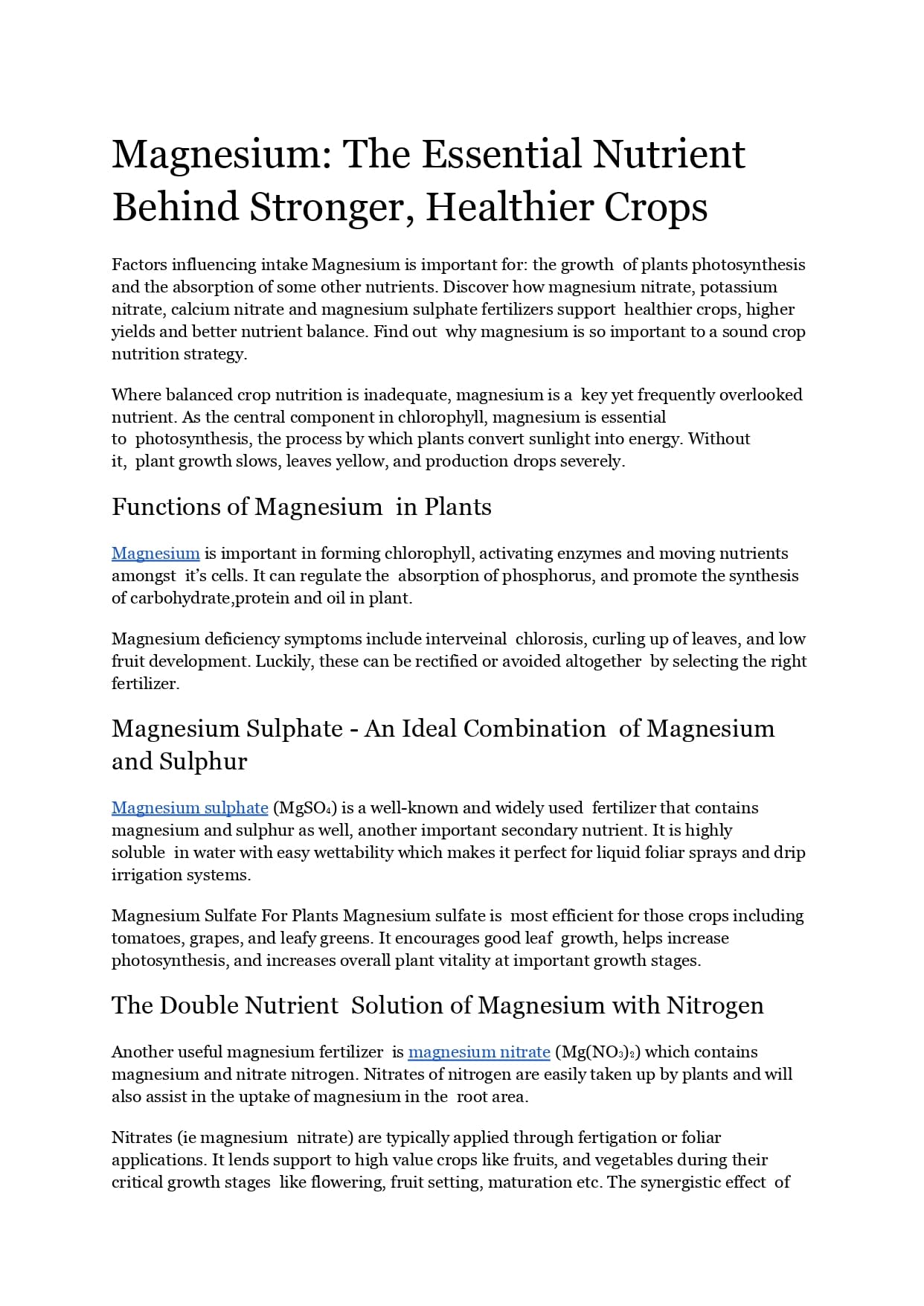 Magnesium: Essential Nutrient Stronger, Healthier Crops