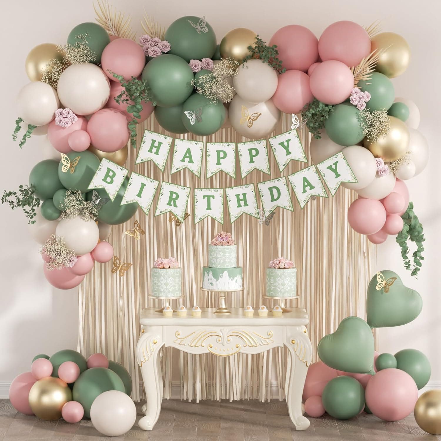 Pink and Sage Green Birthday Decorations with Light Pink 