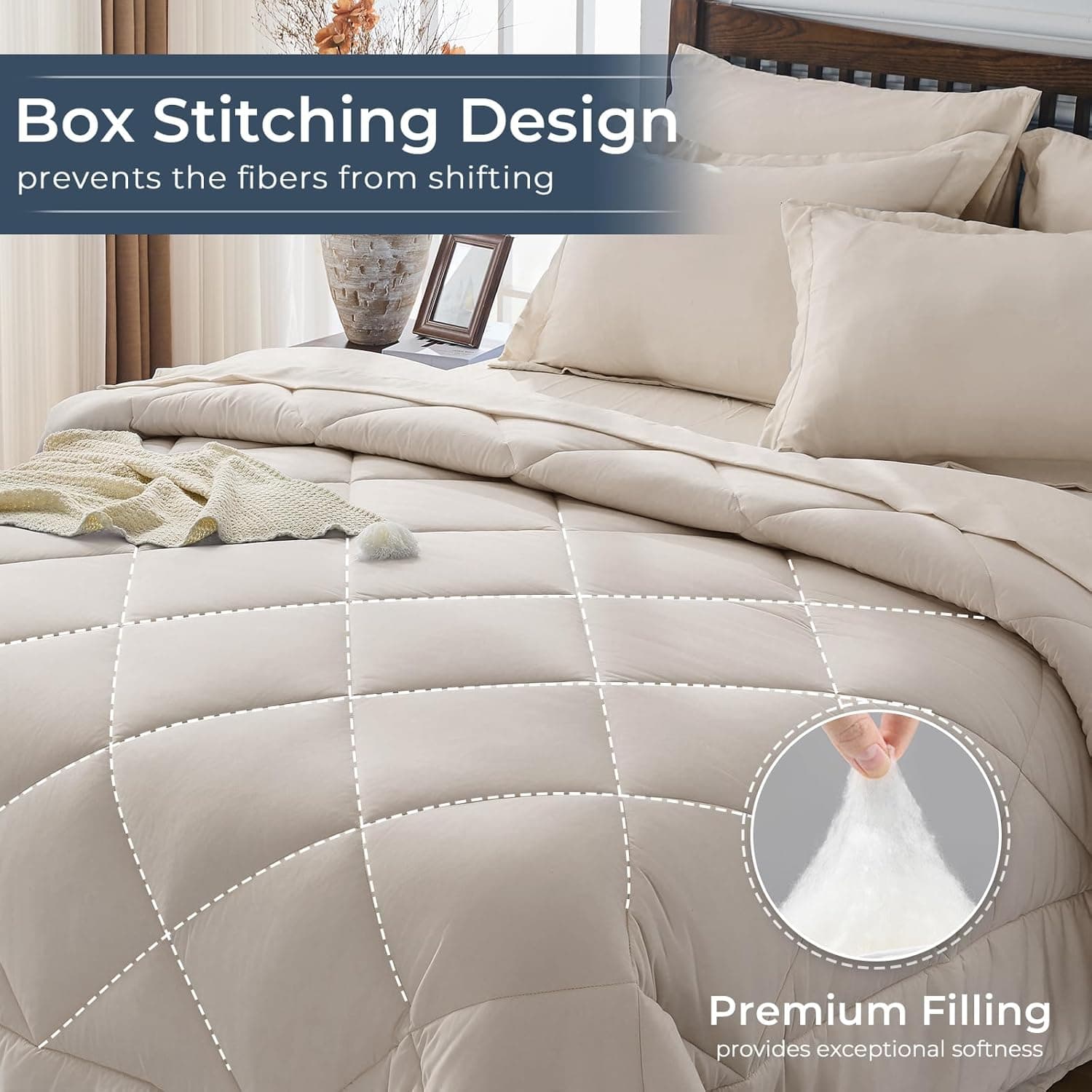 HEVUMYI Beige Tan Queen Comforter Set - 7-Piece