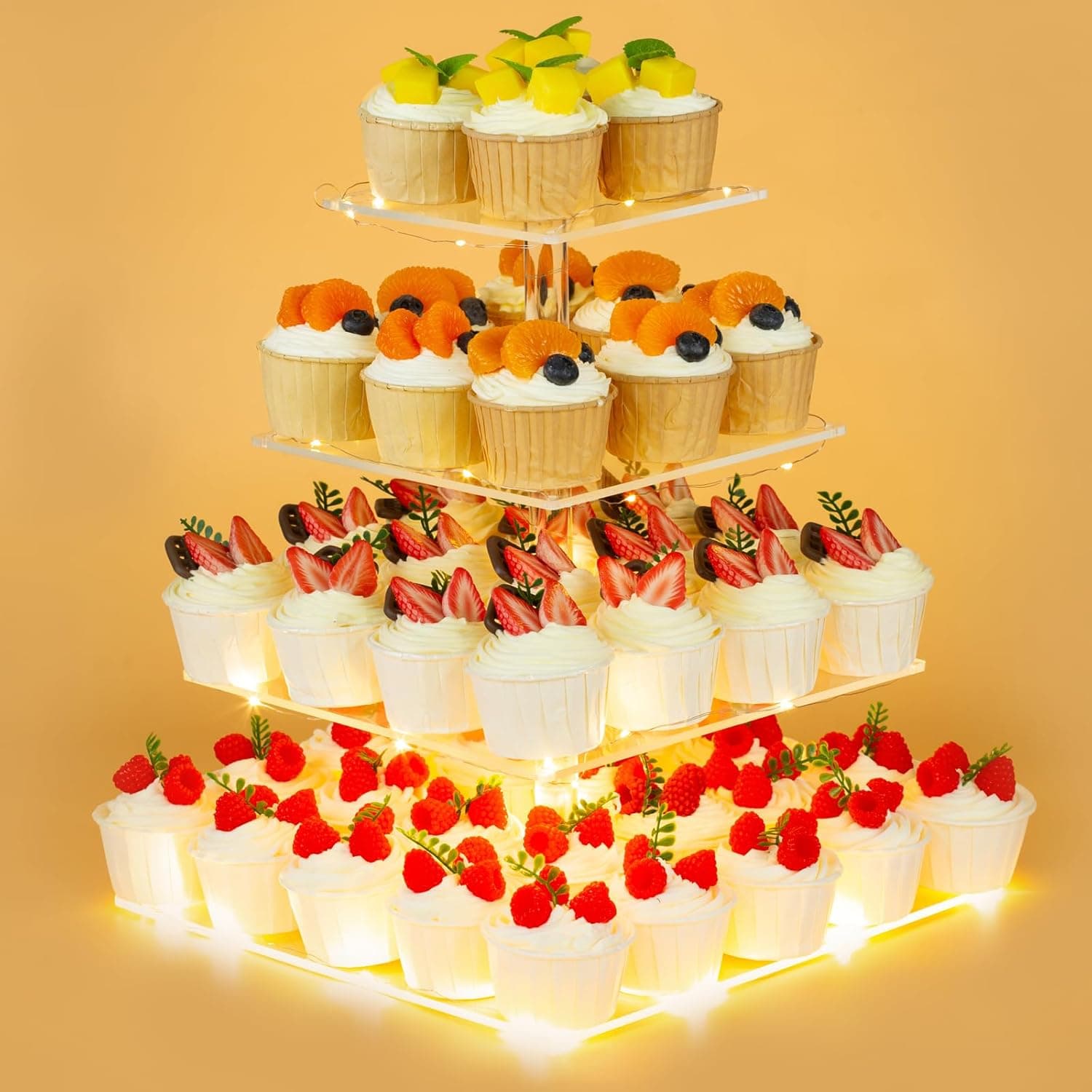4 Tier Cupcake Tower with LED Yellow Light for Cupcakes