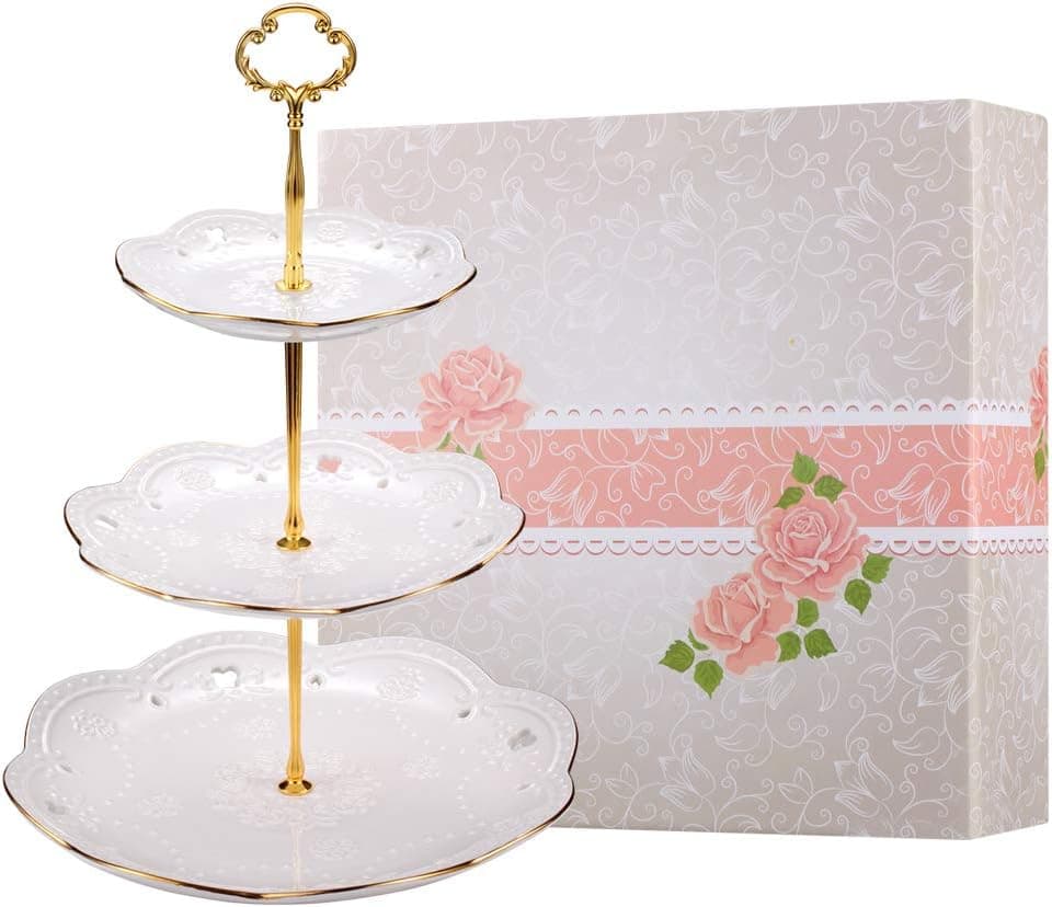 BonNoces 3-Tier Porcelain Embossed Cupcake Stand -