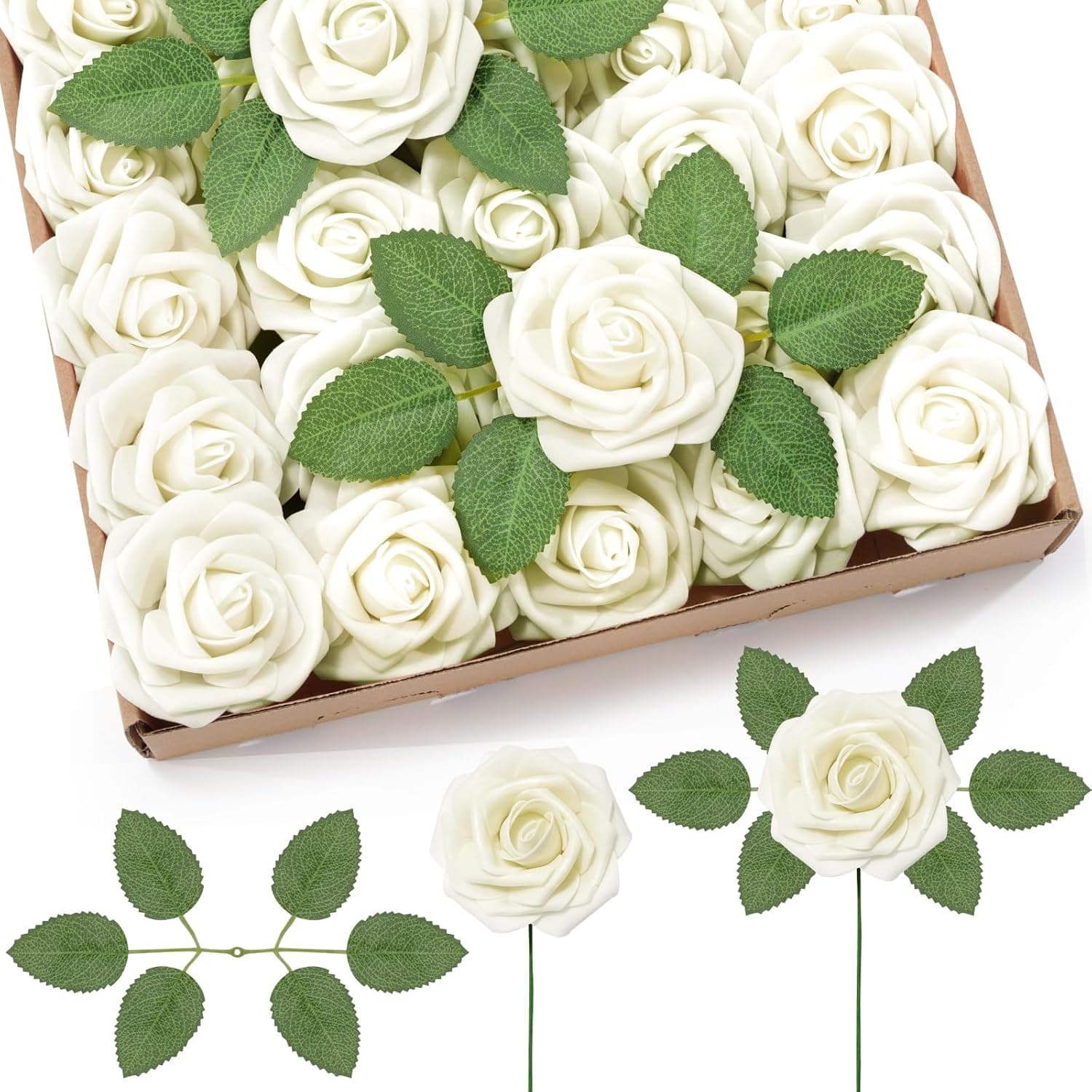 Floroom Artificial Flowers 25pcs Real Looking Ivory Foam 