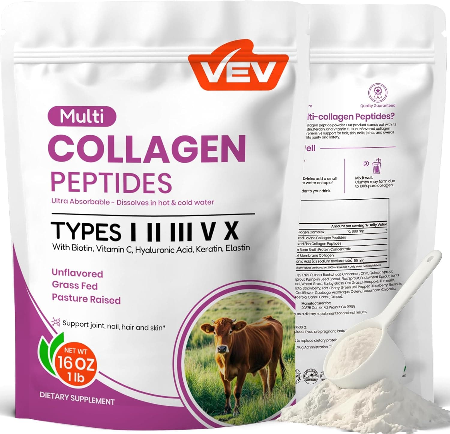  Multi Collagen Peptides Powder, Type I, II, III, V, X, 