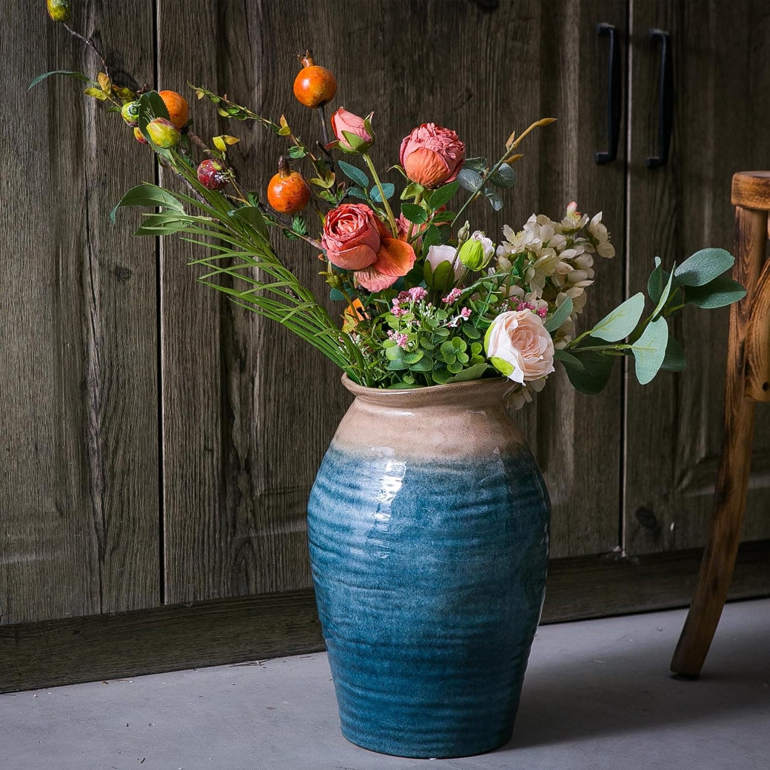 Blue Floor Vase, Ceramic Glazed Large Vase