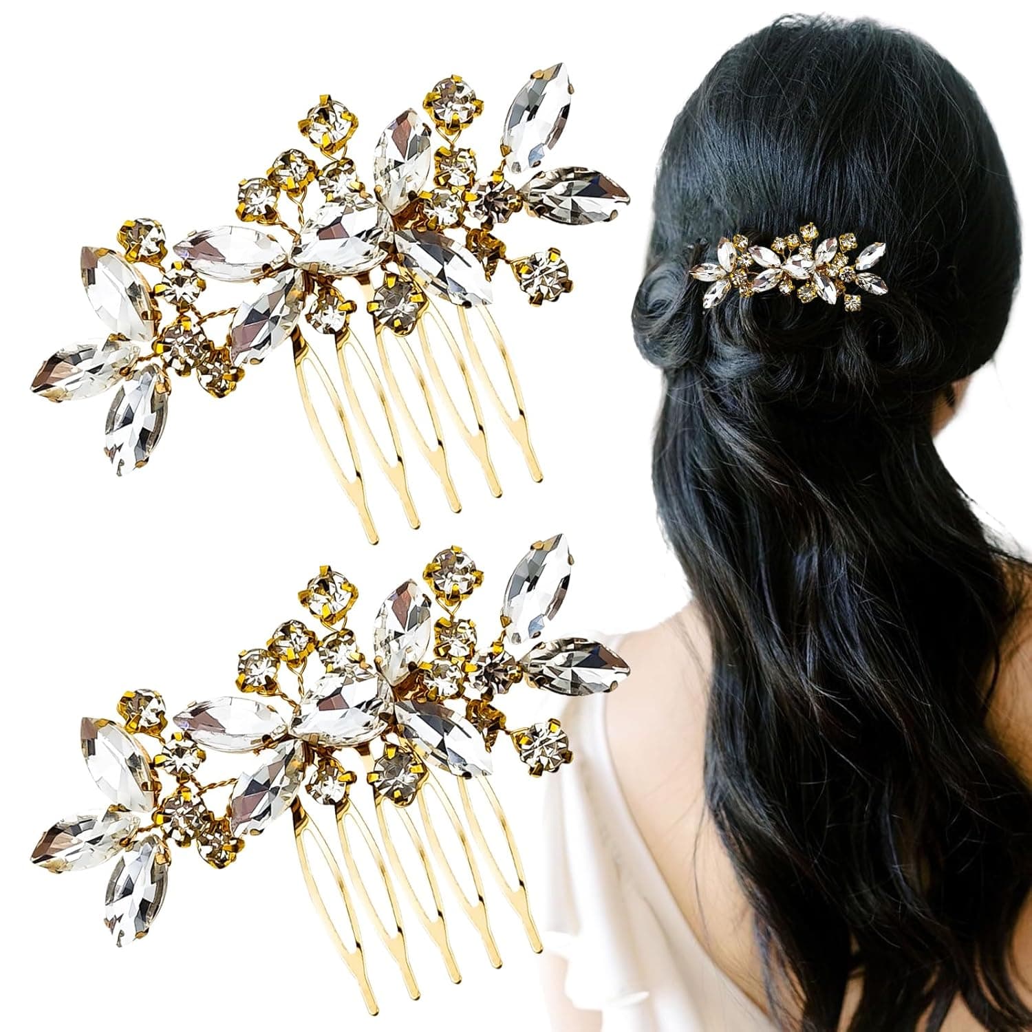 2PCS Gold Rhinestone Clear Crystals Wedding Metal Hair Combs