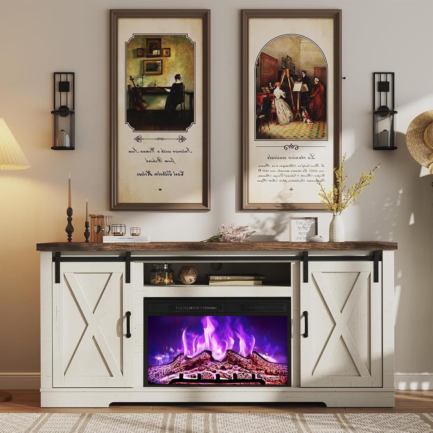 AMERLIFE Fireplace TV Stand with Sliding Barn Door 