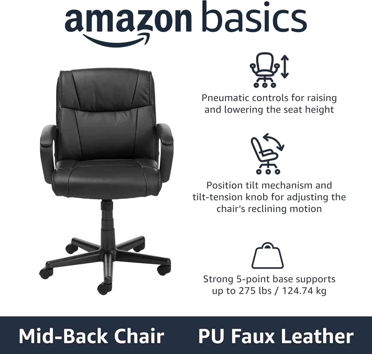 Amazon Basics Office Task Chair with Adjustable Height, 360°