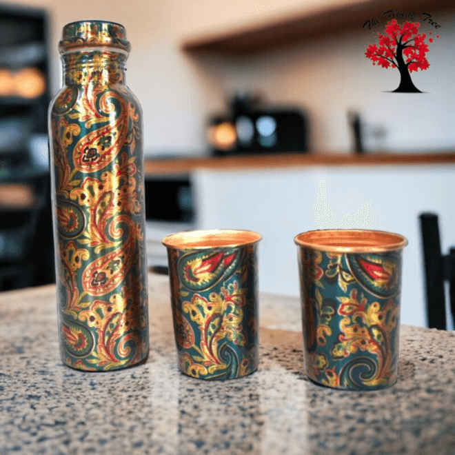 Brocade Printed Copper Bottle with 2 Glass Set at The Flying Tree