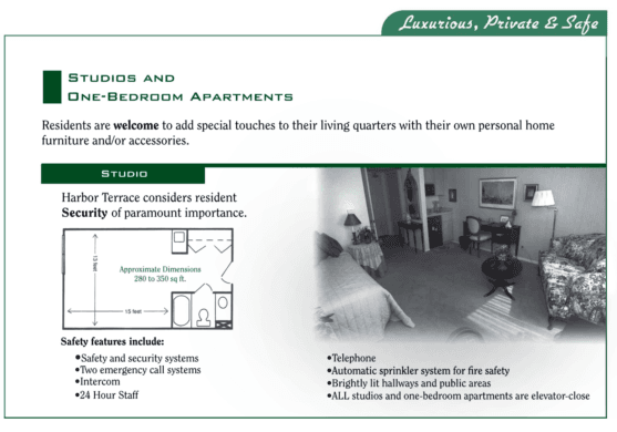 Harbour Terrace Retirement Community: Spacious Studio and One-Bedroom Suites Floor Plans